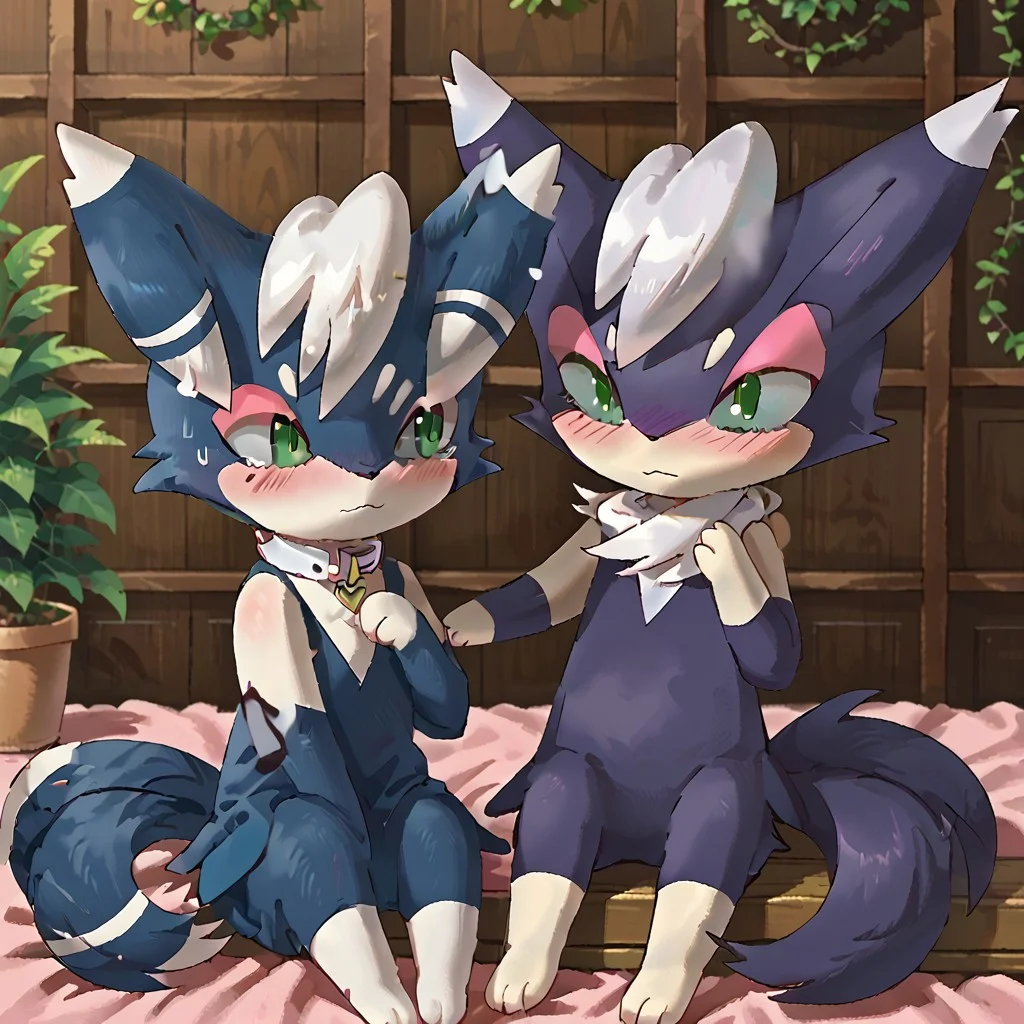 masterpiece,best quality, score_10, score_9_up, detail, cute, indoor, (2others: pokemon, furry, looking at another, a spouses, a couple), (Purrloin: pal \(creature\), girl, purple fur, green eyes with pink eyeshadow, long tail, looking at meowstic_m, lie down, shy), (2others: pokemon, furry, looking at another, a spouses, a couple), (meowstic_m: pokemon \(creature\), boy, (two tone fur: blue body, white hair and collar fur), green eyes without eyeshadow, looking at Purrloin, sitting, shy)