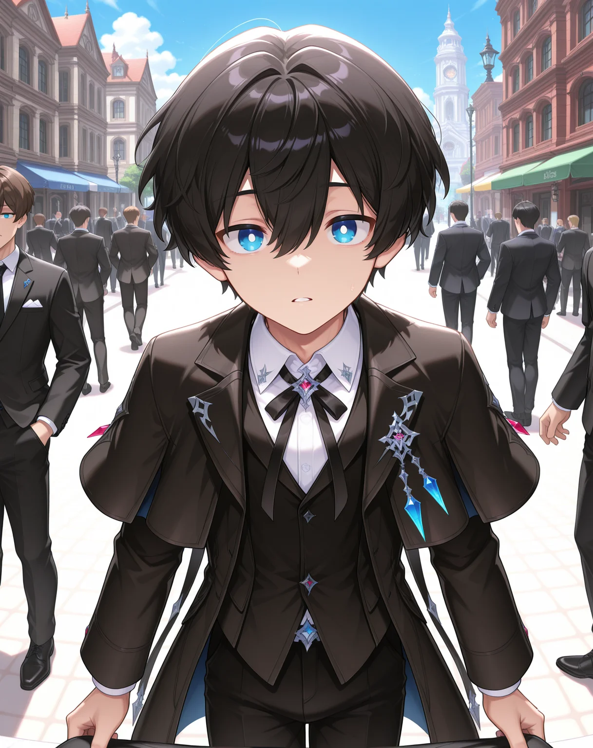 masterpiece,best quality,amazing quality, newest, very aesthetic, absurdres,
1boy, solo, yaoi, male focus, looking at viewer, cowboy shot, standing,
<lora:Noah_Morpheus_ilxl:1> noahmo, black hair, hair between eyes, blue eyes, white pupils,
formal, tuxedo, neck ribbon, white shirt, collared shirt, black pants, shoes, black footwear, suit jacket, black jacket,
outdoors, day, blue sky, building, people,