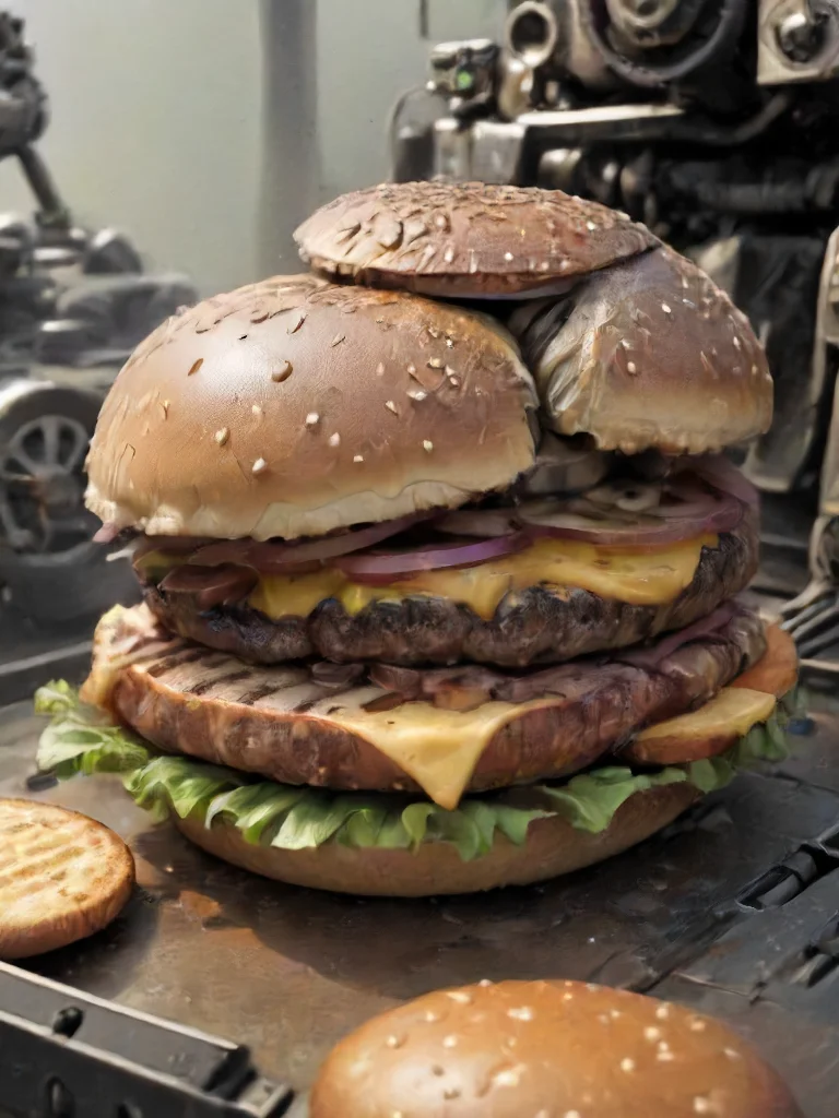 an (armored:1.3) military grade (hamburger:0.3), <lora:- SDXL - heavy_armored_V2.1:.9>