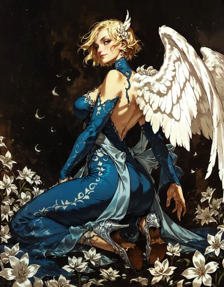 score_9, score_8_up, score_7_up, score_6_up, score_5_up, score_4_up,  1girl, curvy, white angel wings, large wings, giant wings, side view, kneeling, looking back, from below, high heels, smirk, white flowers, white flower ornament, arching, short blonde hair, intricate fabrics, satin, velvet, (black background:1.2)