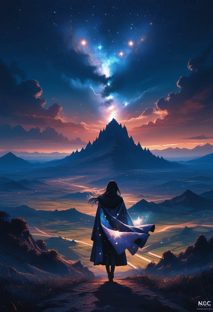 lazyup7, source_anime, landscape, sky, night, 1girl, silhouette, view from behind, galaxy cloak, long hair, wind
