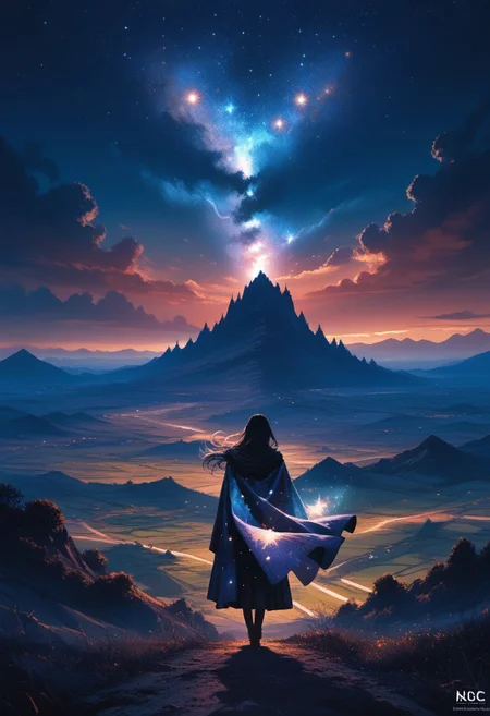 lazyup7, source_anime, landscape, sky, night, 1girl, silhouette, view from behind, galaxy cloak, long hair, wind