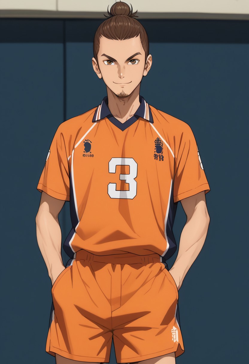 score_9, score_8_up, score_7_up, source_anime, rating_safe, Asaikyu, 1boy, male focus, anime screencap, man bun hair, orange Karasuno shirt, orange Karasuno shorts, hands in pocket, smile, standing-posing, cut off legs,