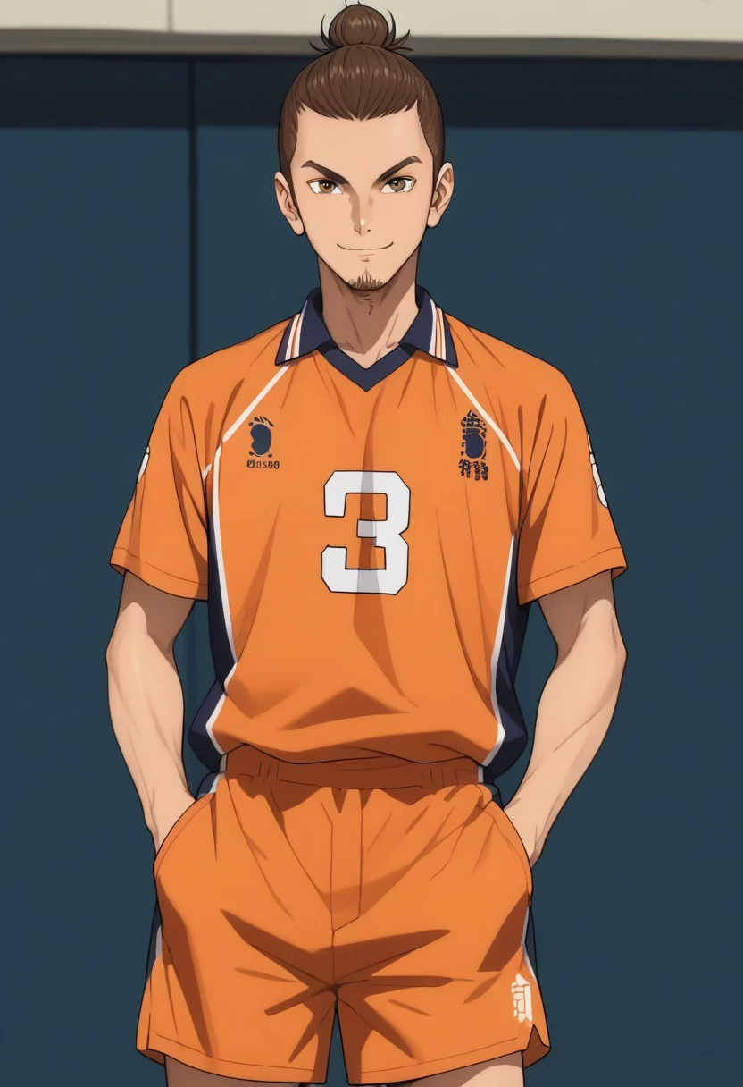 score_9, score_8_up, score_7_up, source_anime, rating_safe, Asaikyu, 1boy, male focus, anime screencap, man bun hair, orange Karasuno shirt, orange Karasuno shorts, hands in pocket, smile, standing-posing, cut off legs,