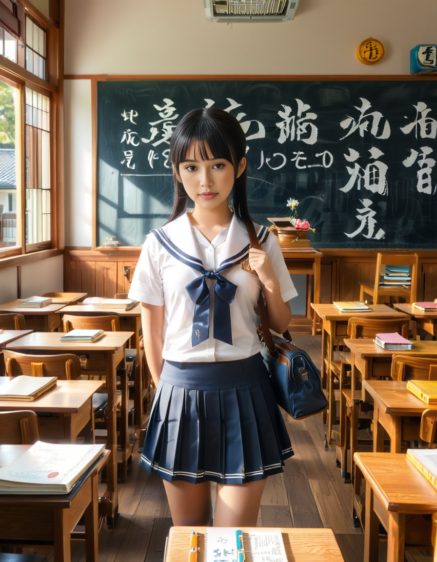 A Japanese schoolgirl standing in a traditional Japanese classroom during daytime. She wears a classic navy blue and white sailor-style school uniform with a pleated skirt, a ribbon tied at the collar, and knee-high socks. She has neatly styled black hair, possibly in a ponytail or straight with bangs, and carries a school bag over one shoulder. Her expression is calm and focused, with a hint of curiosity or determination.
The classroom features wooden desks and chairs arranged in rows, a large chalkboard with neatly written Japanese characters, and sunlight streaming in through large windows that reveal cherry blossom trees outside. Educational posters with kanji and hiragana are displayed on the walls, and a clock hangs above the board. The atmosphere is warm and nostalgic, capturing the essence of a Japanese school setting in a realistic and highly detailed photograph.
<lora:SDXLFaeTastic2400:0.4> <lora:extremely_detailed:0.4> extremely detailed, <lora:Japanese_cl4ssr00m:1>,Japanese cl4ssr00m, Masterpiece,best quality,hi res,8k,hi res,8k,award winning,(sharp focus, intricate, highly detailed),