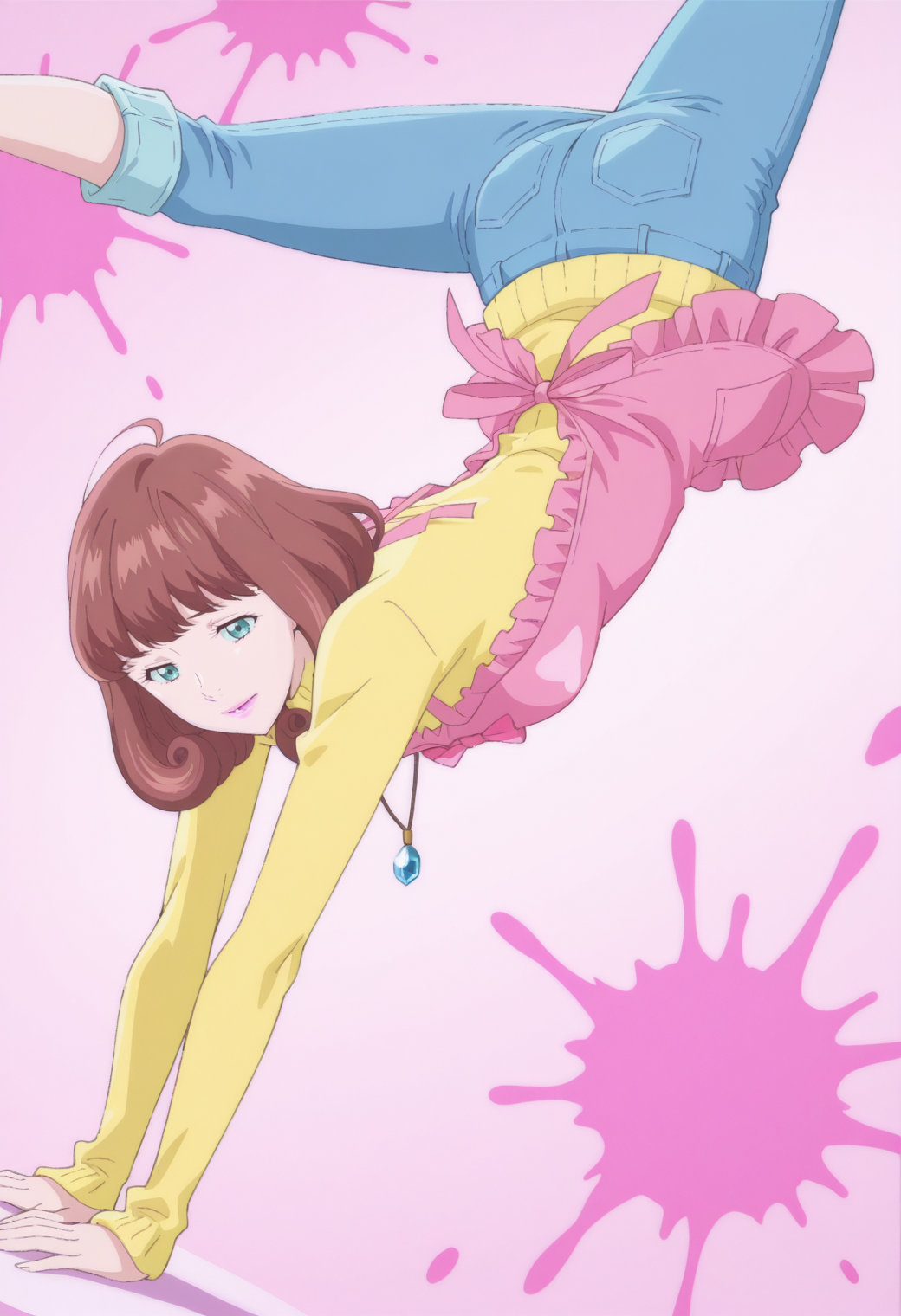 anime screencap, anime coloring, 1girl,  solo,   <lora:DX888MiraIL:1>gotokuji mira, aqua eyes, brown hair, medium hair, pink lips,necklace, yellow sweater, turtleneck sweater, pink apron, capri pants, jeans BREAK pink background, splatter background, BREAK dutch angle,  from above, from side, dynamic pose, posing, smile,       pointing at another, chest stand handstand,