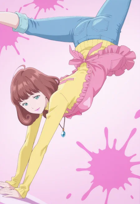 anime screencap, anime coloring, 1girl, solo, <lora:DX888MiraIL:1>gotokuji mira, aqua eyes, brown hair, medium hair, pink lips,necklace, yellow sweater, turtleneck sweater, pink apron, capri pants, jeans BREAK pink background, splatter background, BREAK dutch angle, from above, from side, dynamic pose, posing, smile, pointing at another, chest stand handstand,
