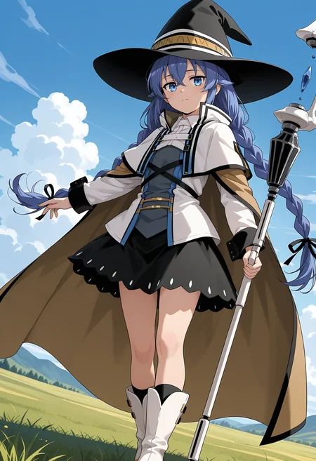 <lora:Roxy Migurdia Greyrat_illustrious-000026:1>,
Roxy Migurdia,solo,holding,hat,twin braids,braid,cloud,sky,white footwear,skirt,outdoors,looking at viewer,black skirt,witch hat,long sleeves,holding staff,blue sky,day,cape,boots,grass,shirt,cloak,white jacket,black headwear,closed mouth