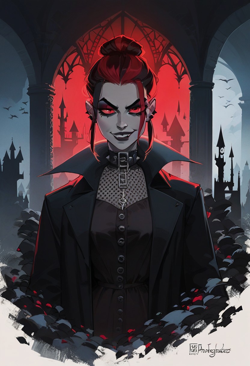score_9, score_8_up,  score_8_up,  sexy woman,   vampires, intricate outfit, bobcat hairstyle,  black coat,  smirk  gothic atmosphere, crows, dark castle, outdoors,  black colors, red colors, detailed background,