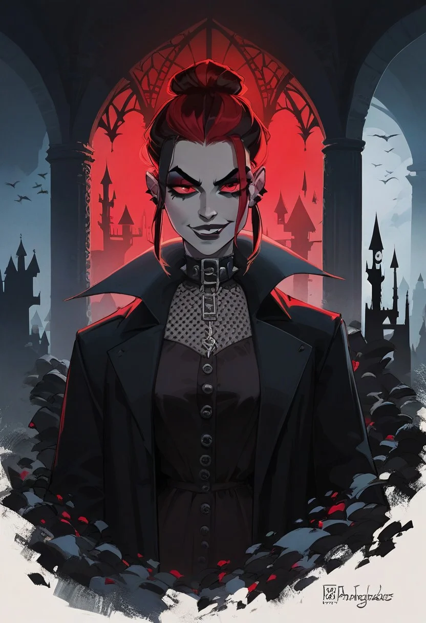 score_9, score_8_up, score_8_up, sexy woman, vampires, intricate outfit, bobcat hairstyle, black coat, smirk gothic atmosphere, crows, dark castle, outdoors, black colors, red colors, detailed background,