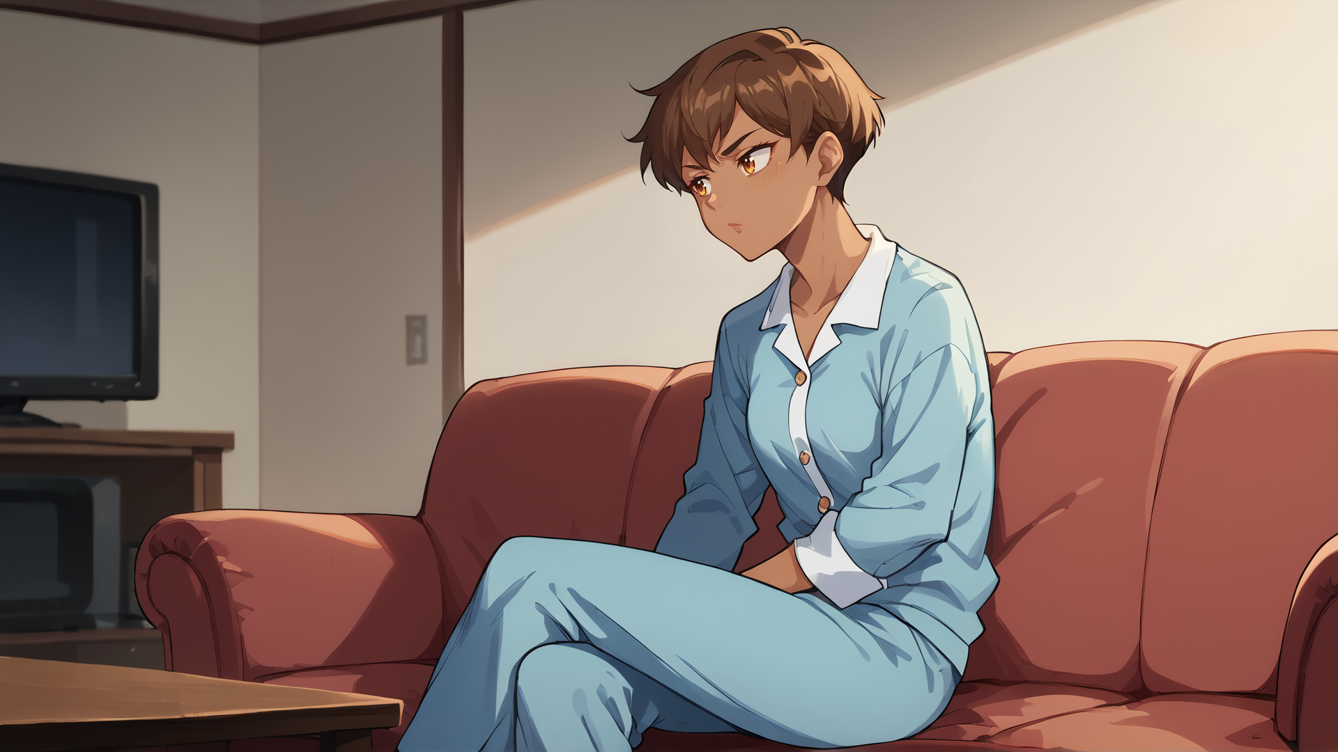 score_9, score_8_up, score_7_up, score_6_up, score_5_up, score_4_up, source_anime BREAK
1girl, <lora:Sylvia3:0.85>, small breasts, brown skin, sitting on sofa, depressed, blue pajamas BREAK
night, dark, sofa, back of television, television casting light, partial lighting, blurry, film grain, <lora:Anime_Screencap:1>, anime screencap, <lora:StS_detail_slider_v1:-2>,âââ