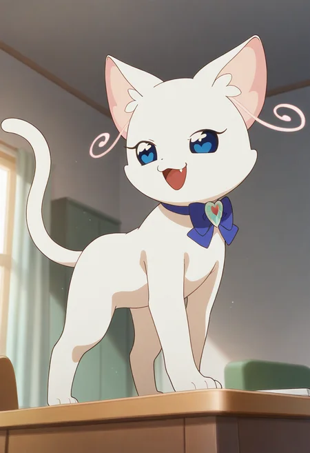 best quality, masterpiece, very aesthetic, yukicat, no humans, cat, blue eyes, solo, full body, cat tail, bowtie, white fur, heart-shaped pupils, furry, on table, indoors, happy, fang