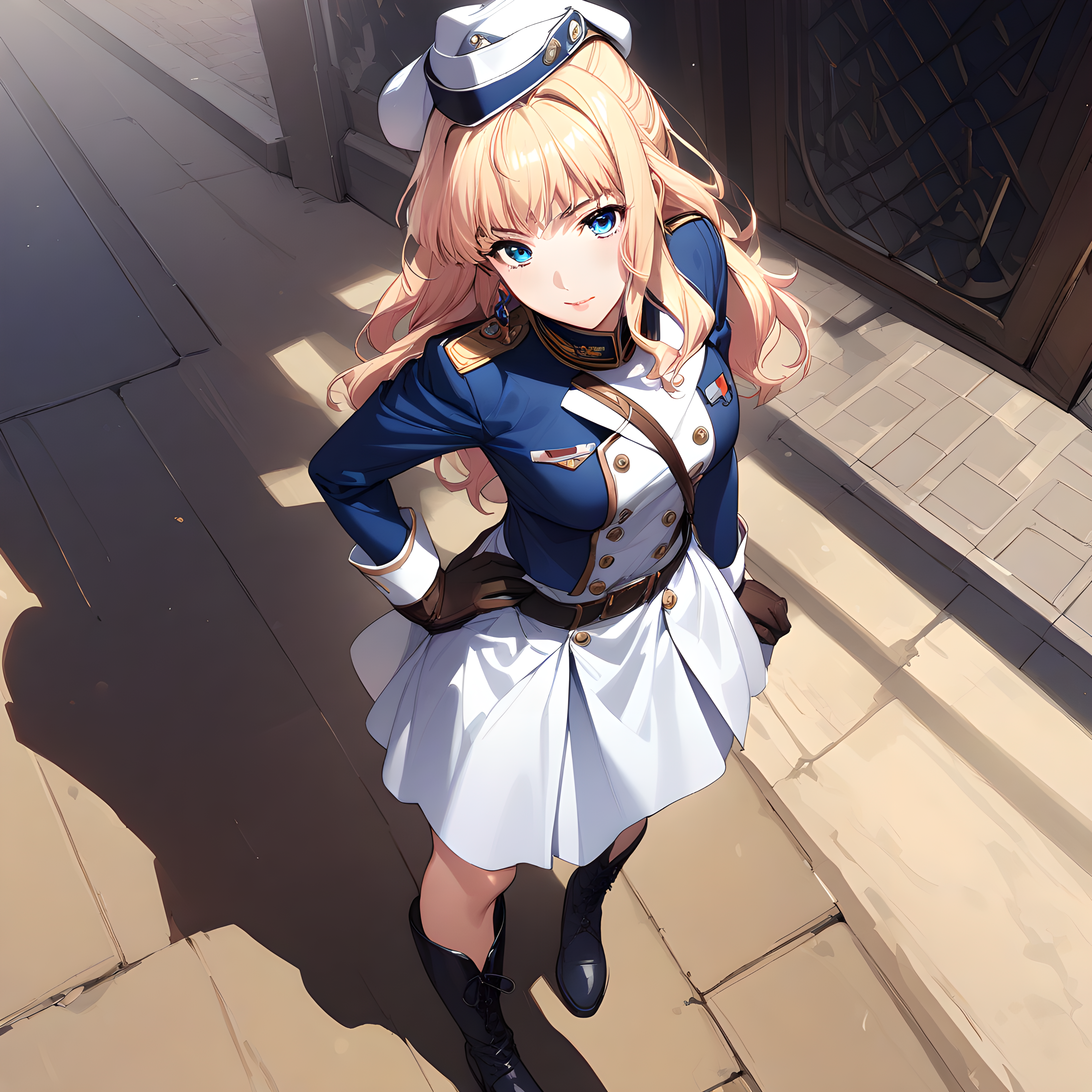 (masterpiece),(best quality),(ultra-detailed),(best illustration),(best shadow),(absurdres),(detailed background),(very aesthetic), sheryl nome, 1girl, solo, blonde hair, blue eyes, hat, earrings, jewelry, uniform, military uniform, military, gloves, single earring, boots, <lora:sheryl_nome:1>