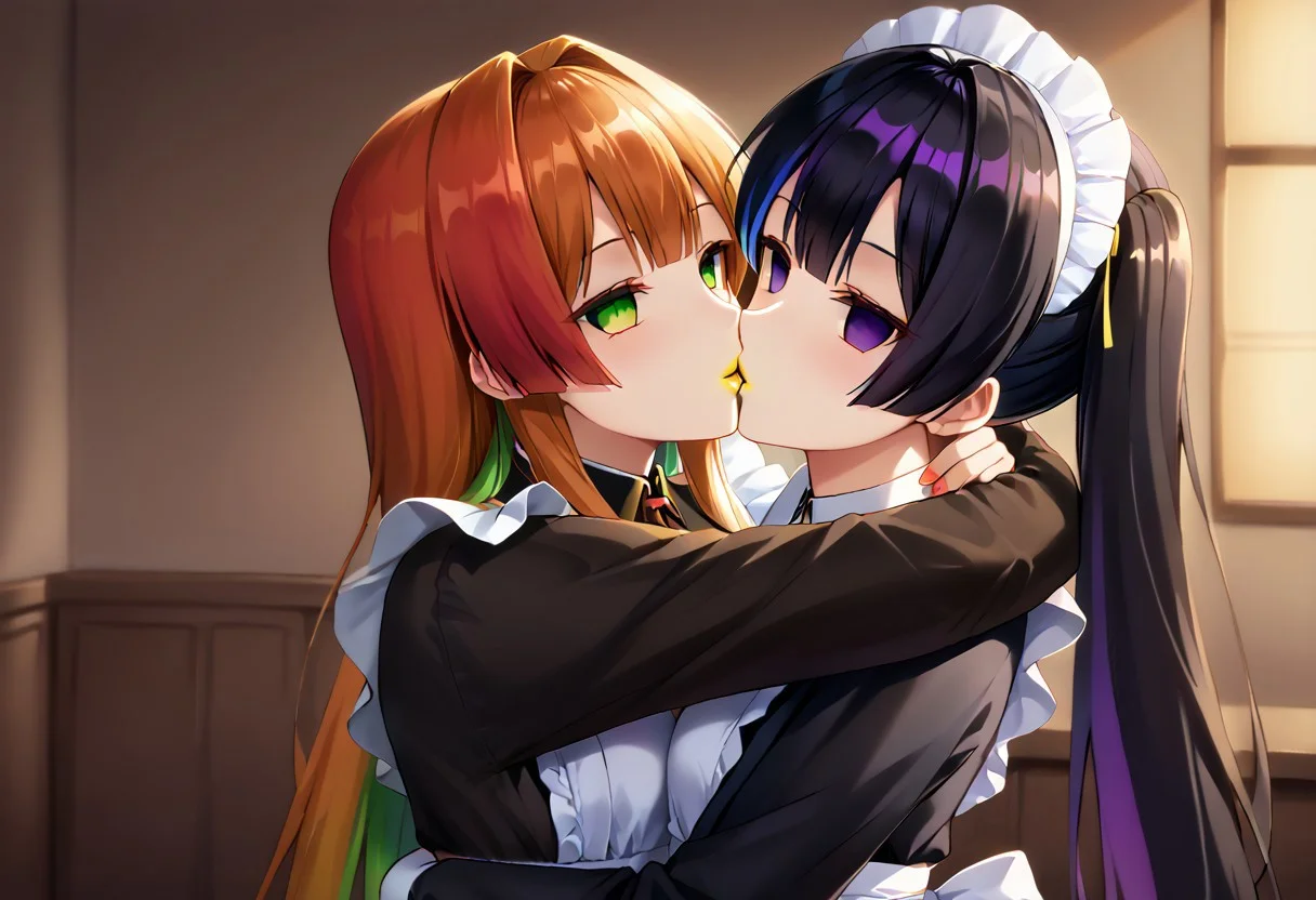 anime, two girls, close up, empty eyes, hypnotized, deep kiss, kiss, head tilt, hug, lipstick, red lipstick, yellow lipstick, green lipstick, blue lipstick, purple lipstick, black lipstick, colorful eyes, long hair, colorful hair, l0ngm41d, long sleeves, bow, apron, maid, frilled apron