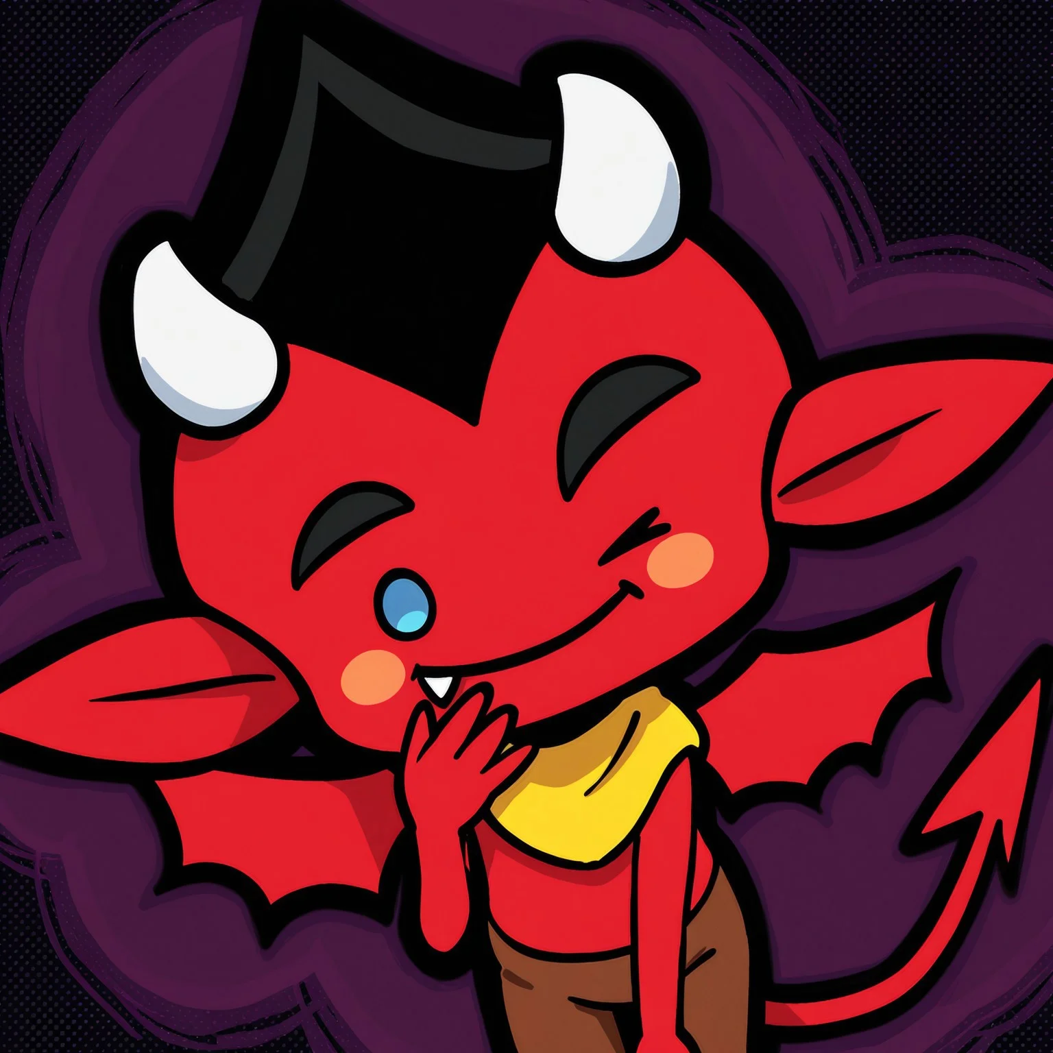 r3d_WW, red skin, imp, no nose, pointy ears, blue eyes, solid circle eyes, black eyebrows, black hair, blush stickers, masterpiece, absurdres, amazing quality, ultra-detailed, solo, 1boy, no humans, one eye closed, o <, smile, closed mouth, fang, upper body, leaning forward, wings, head tilt, hand up, hand to own mouth, yellow neckwear, yellow neckerchief, brown pants, tights, demon tail,
BREAK
simple background, thick outlines, halftone, drop shadow,