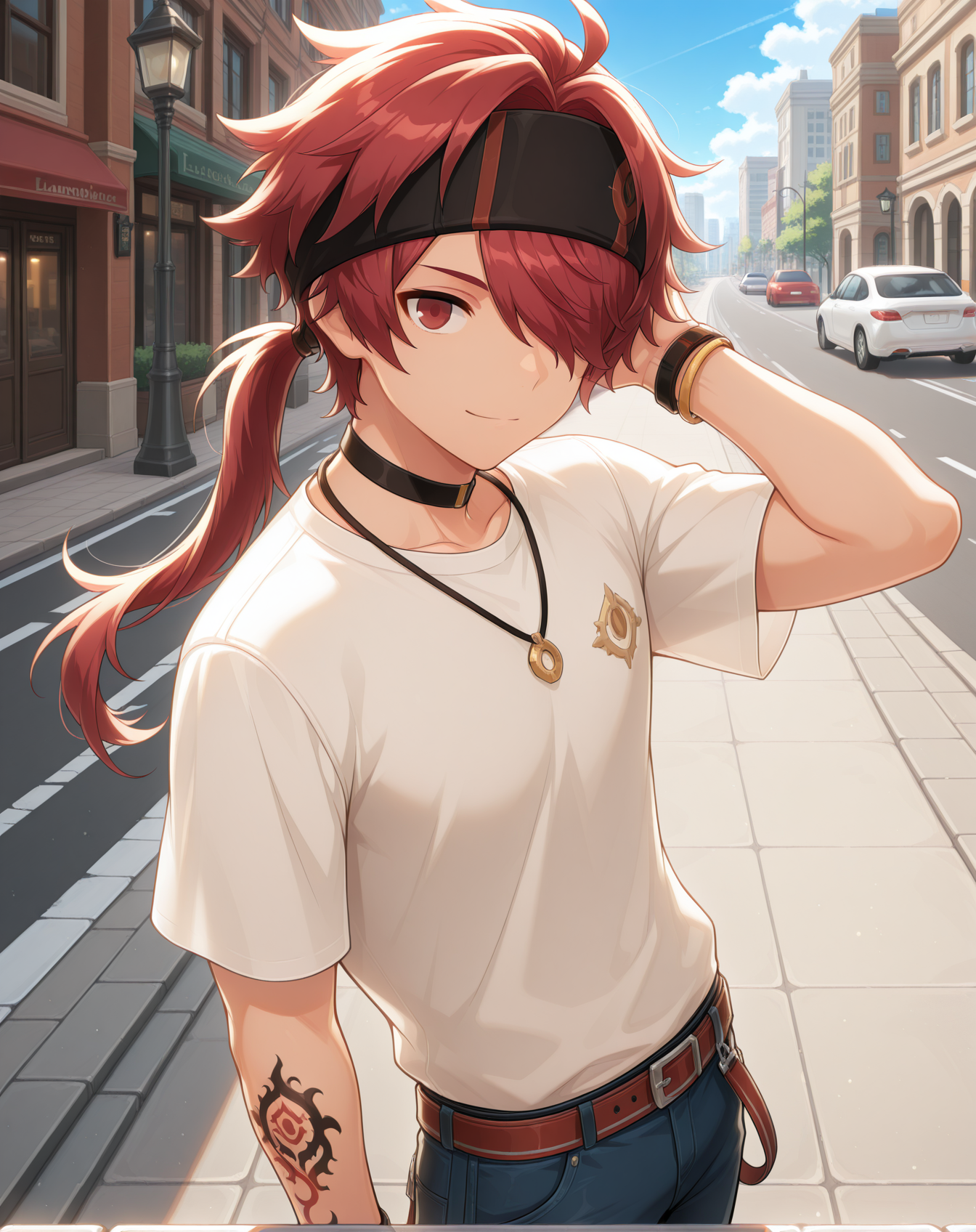 masterpiece,best quality,amazing quality, newest, very aesthetic, absurdres,
1boy, solo, yaoi, male focus, looking at viewer, cowboy shot, standing,
<lora:Elsword_Rune_Master_ilxl:1> elswordrm, red hair, long hair, tattoo,red eyes, ponytail, headband, hair over one eye, 
white shirt, jeans, sneakers,
outdoors, day, blue sky, building, street, road, lamppost, car,