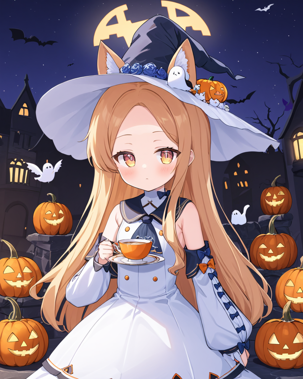 seia \(blue archive\),1girl, witch_hat, detached_sleeves, halo, white_dress, halloween, looking_at_viewer, solo, forehead, sleeves_past_fingers, blush, jack-o'-lantern, teacup, bird, orange_bow, halloween_bucket, ghost, black_cat, lollipop, blue_bow, flower, spider_web, pumpkin, hair_ornament, sleeveless
<lora:seia_(blue_archive)_image1153_2023-12-03-000014:1>halo. gorgeous,key visual, vibrant, studio anime,award-winning, professional, highly detailed,high budget, cinemascope