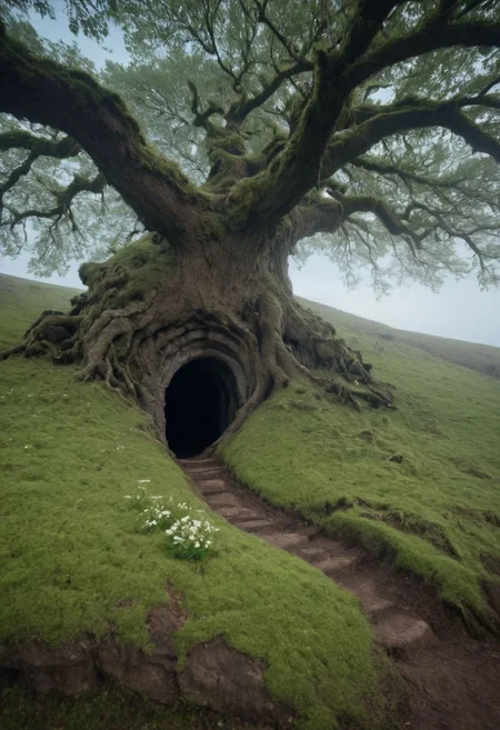 Cross-section of the Underground with a Large rooty oak tree above, Side View, flowers Moss Garden, Blue Sky, Large roots growing into the Underground cave where a Dragon sleeps since ever, atmospheric haze, Film grain, cinematic film still, shallow depth of field, highly detailed, high budget, cinemascope, moody, epic, OverallDetail, gorgeous, 2000s vintage RAW photo, photorealistic, candid camera, color graded cinematic, eye catchlights, atmospheric lighting, skin pores, imperfections, natural, shallow dof,.