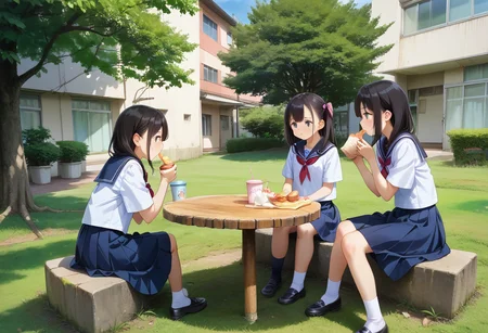 score_9, score_8_up, score_7_up, rating_safe, masterpiece, best quality, absurdres, unity 8k wallpaper, official art, official style, source_anime, uncensored, game cg, megami magazine,
nakaniwa, multiple girls, tree, school uniform, outdoors, sitting, serafuku, black hair, scenery, skirt, table, grass, bench, day, food, cup, building, eating, sailor collar
 <lora:gakkou_nakaniwa_PONY_V1:1>