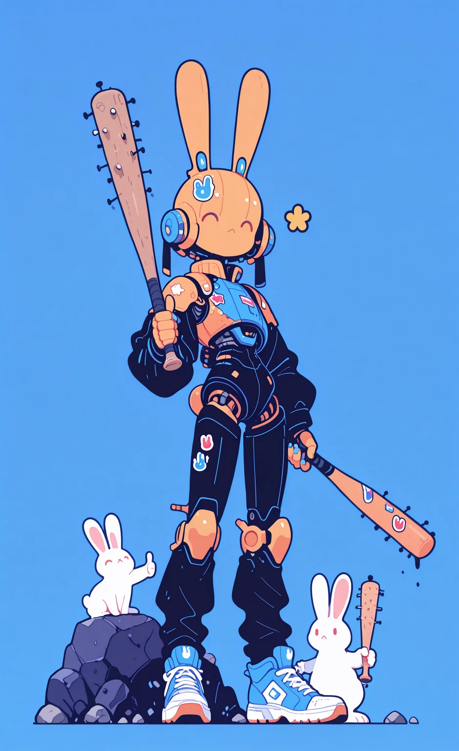 masterpiece,best quality,amazing quality, solo, simple background, holding, closed eyes, weapon, shoes, holding weapon, rabbit ears, no humans, ^ ^, blue background, animal, robot, sneakers, 1other, mecha, :<, rabbit, rock, thumbs up, baseball bat, non-humanoid robot, club \(weapon\), sticker, nail, holding baseball bat, nail bat, haiz_ai,
Flatline, Flat vector illustration,
15546+456868, <lora:ponyv6_noobE11_2_adamW-000017:0.3> <lora:mon_monmon2133:0.6> <lora:114558v4df2fsdf5:1> <lora:checkpoint-e18_s306:1.3> <lora:haiz_ai_illu:0.5>