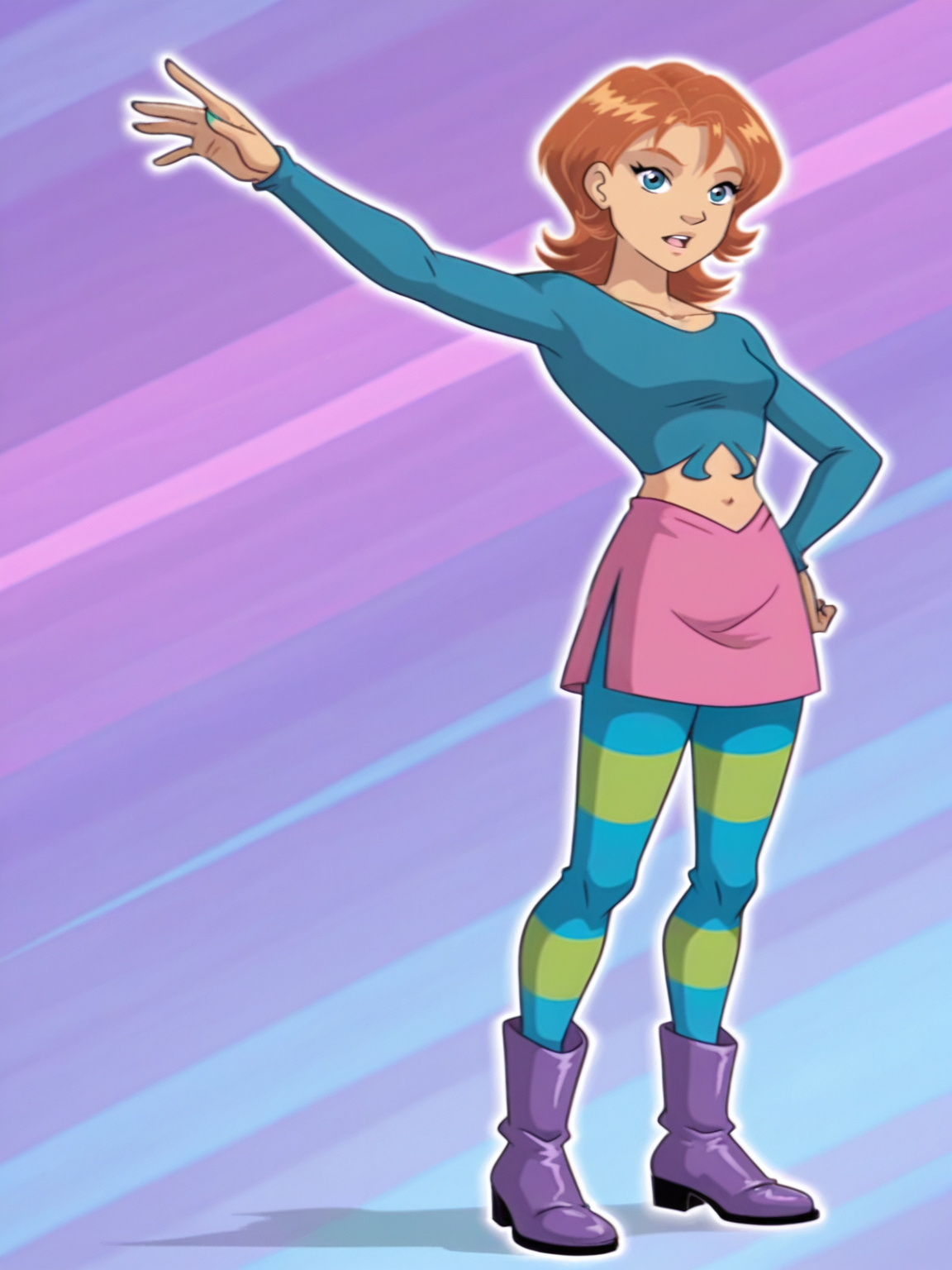 <lora:irmaIL:0.9> ir_ma, 1girl, auburn hair, short hair, slightly wavy hair, greenish-blue eyes, 
blue longsleeve top, pink skirt,blue-green leggings, purple high boots
