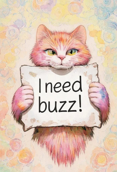 masterpiece, watercolor, colorful cat heads background, anime style cat, need_buzz, holding sign