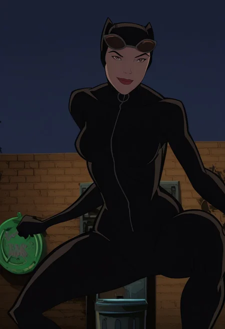 lazypos, masterpiece, best quality, amazing quality,detailed eyes, hi res, ultsm99, dcshowcasecatwoman, 1girl, eyewear on head, bodysuit, sunglasses, black hair, breasts, lipstick, red lips, seductive, smile, closed_mouth, looking at viewer, dynamic pose, night, outdoors, brick wall, graffiti, trash can, dark,