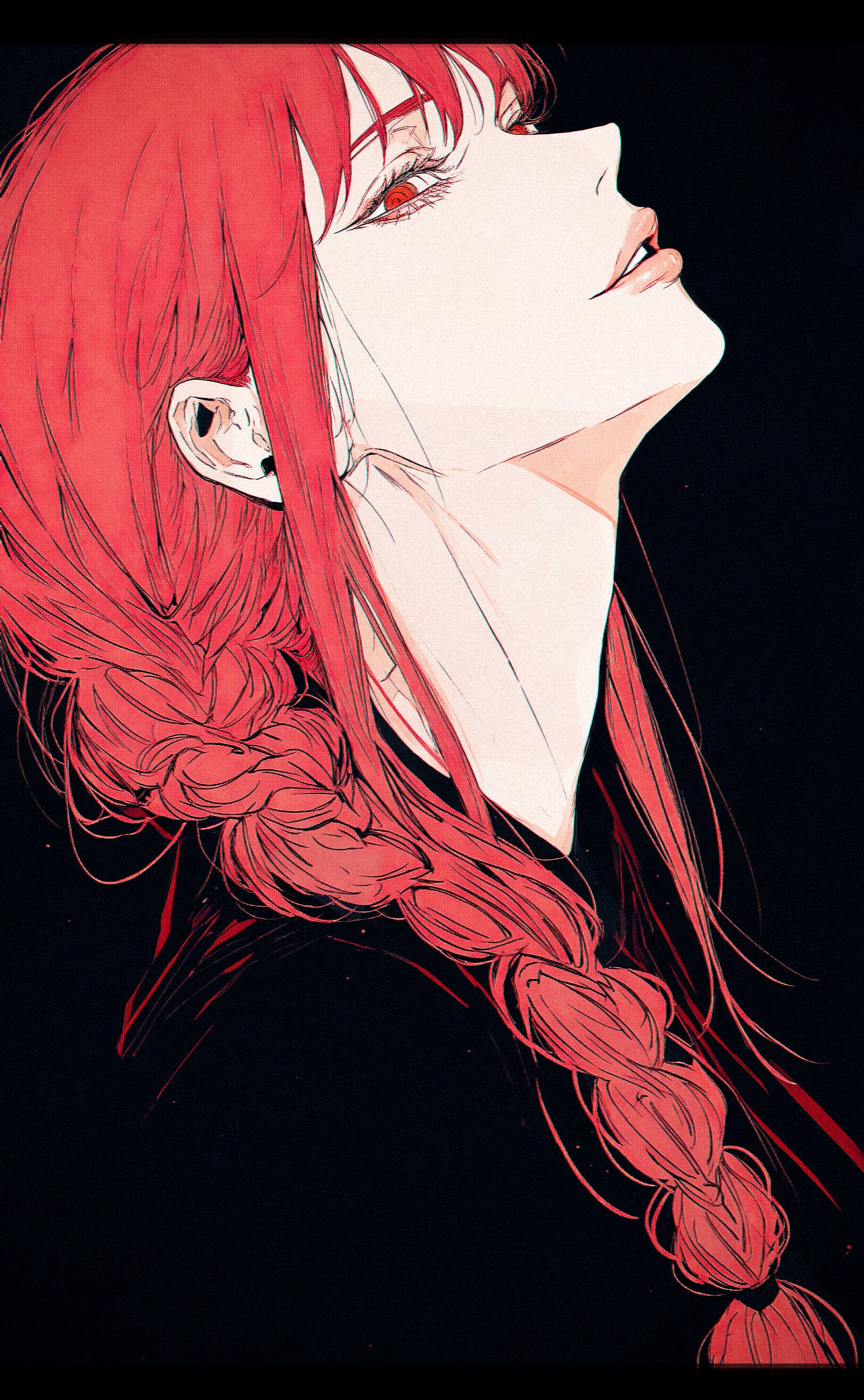 1girl, makima \(chainsaw man\), chainsaw man,  nishiii26miii, tp p pt, kyezzzz,
gradient coloring, anime coloring,
profile, lips, nose,  head tilt, averting eyes, looking at viewer, sideways glance,  parted lips, closed mouth, half-closed eyes, smirk, (aged up:1.3), braid, braid over shoulder,  
dark theme, simple background, black background, black theme, 
masterpiece, highres, greatscore, absurdres,