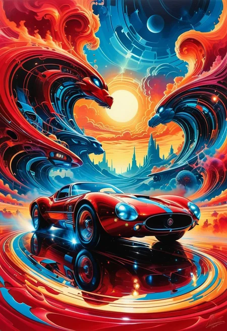 A legendary vintage car with sleek curves and shimmering chrome, painted in bold hues of crimson red and electric blue, racing through a surreal dreamscape under a golden sky, inspired by the dynamic style of Syd Mead.
