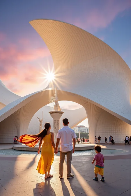 YFG-Sm0rg, A dramatic, late afternoon sun casts long shadows across the gleaming white exterior of La Musica, Santiago Calatrava's iconic concert hall in Valencia, Spain. The structure's undulating roof, a series of interlocking arches that evoke the movement of waves, appears to float above the surrounding plaza.
In the foreground, a few pedestrians stroll through the open space, their faces illuminated by the warm light as they gaze upwards at the majestic building. A young couple, hand in hand, pause beneath one of the grand arches, their eyes fixed on the abstract sculpture perched atop the structure's central column.
The woman wears a bright yellow sundress that complements the vibrant hues of her scarf, which flows behind her like a streamer. Her dark hair is tied back in a loose ponytail, with a few stray strands framing her heart-shaped face. She looks up at the building with an expression of wonder, as if drinking in its beauty.
The man, dressed in a white button-down shirt and fitted trousers, has his eyes fixed on the couple's child, who sits on the edge of the fountain, giggling as she tries to catch the falling water droplets. The boy is sitting cross-legged, wearing a pair of bright blue shorts with yellow stripes, and his messy brown hair sticks out in every direction.
In the background, the intricate stonework of the concert hall's façade glows warmly, its texture and patterns visible even from a distance. The surrounding plaza is bustling with activity, but the focus remains on La Musica, its sleek, modern design juxtaposed against the rich history and culture of the city.
The camera captures this scene from a slight angle, looking up at the building and its surroundings to emphasize its grandeur and majesty. The sky above is painted with hues of pink, orange, and purple, as if set aflame by the setting sun.