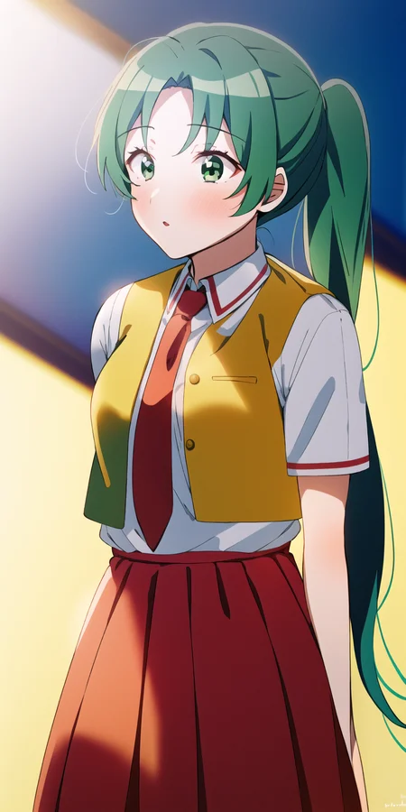 1girl, ponytail, green hair, long hair, green eyes, school uniform, collared shirt, red necktie, yellow vest, open vest, red skirt,
upperbody, standing,
<lora:SonozakiMion:0.7>, sonozaki mion,
<lora:HanakoStyle:1>