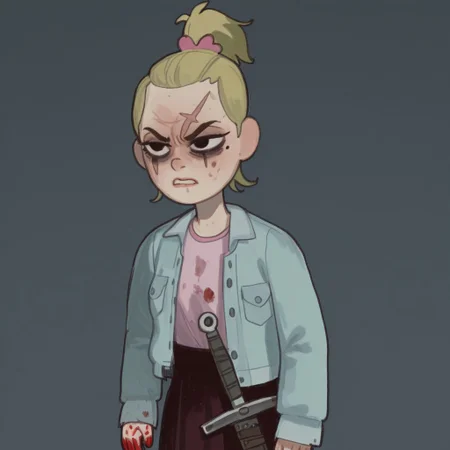 Sasha, 1girl, alone, short stature, blonde hair tied in a ponytail with a dark pink bow, mole on left cheek, light blue jacket, light pink shirt,
Mossastyle
Sasha with a sad and angry, dull look and dark circles under her eyes. Sasha cries as she (((hugs a sword)))). Blood on her hands, blood on her clothes, a scar on her cheek.. Half body