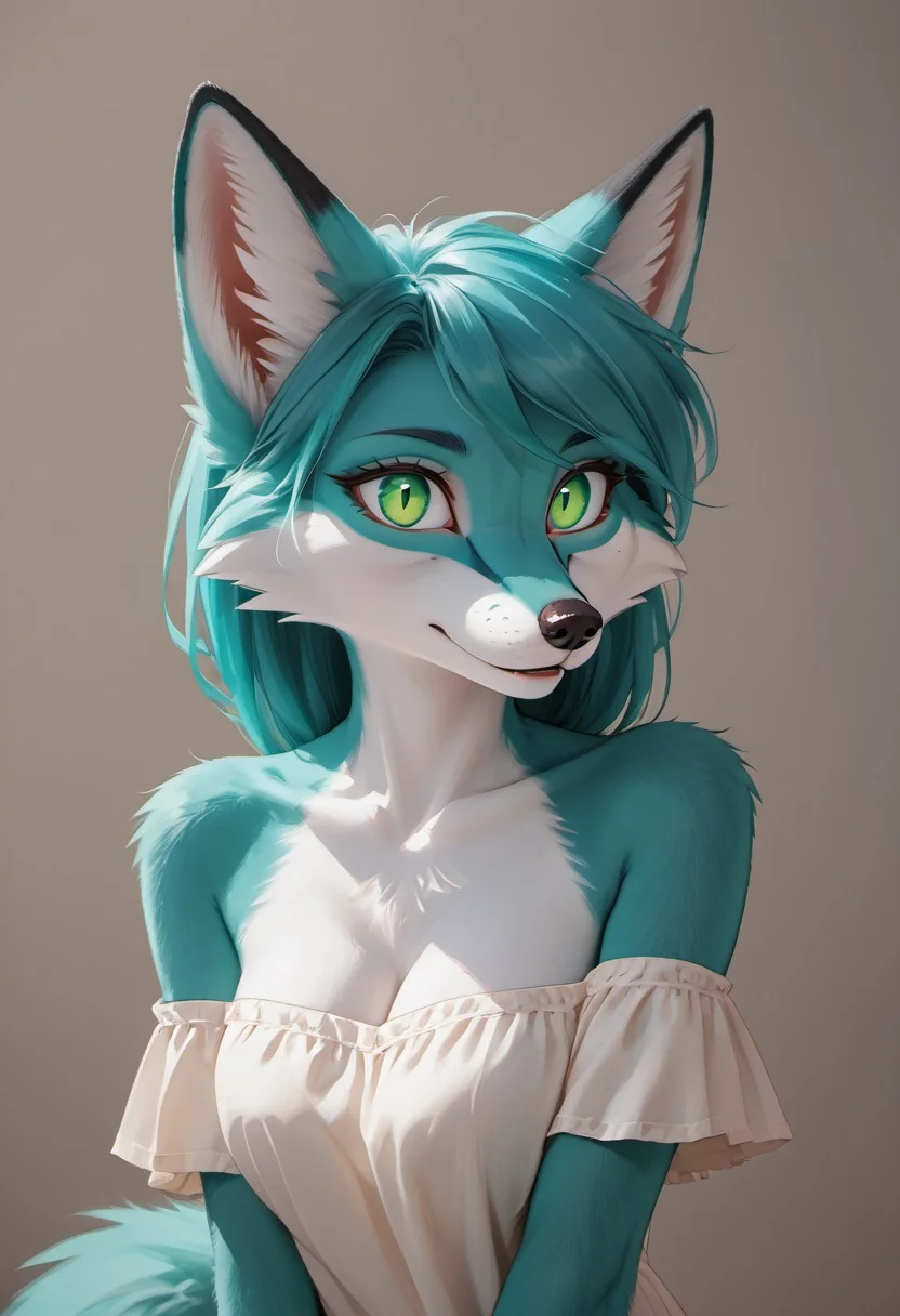 Turquoise furry fox. with green eyes and vertical pupils