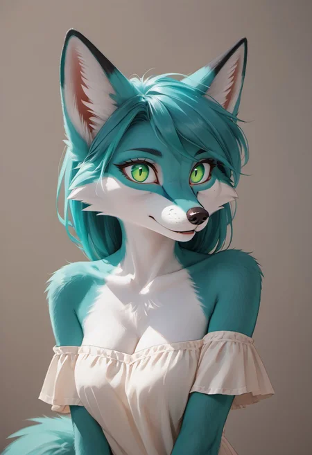 Turquoise furry fox. with green eyes and vertical pupils