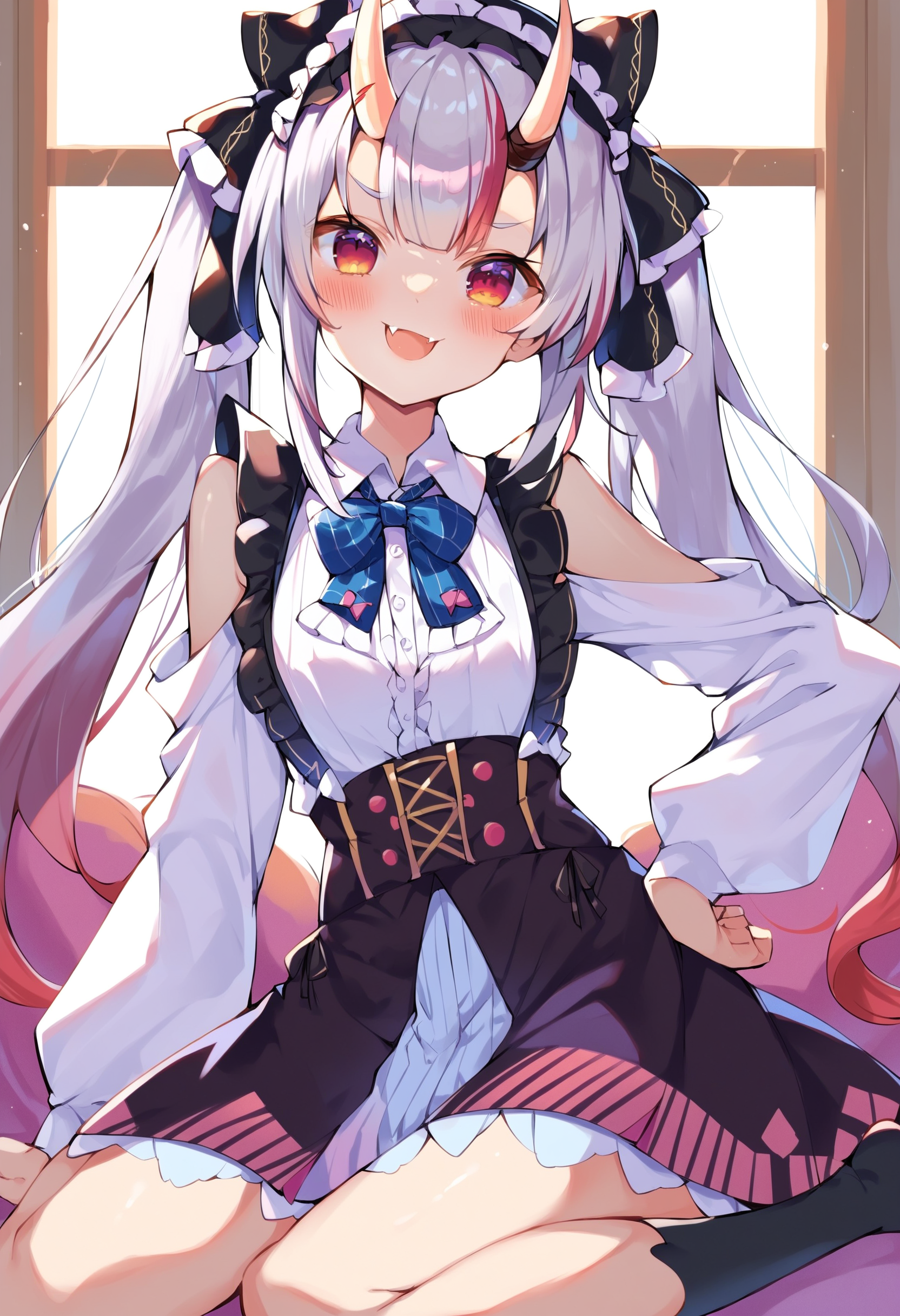 score_9, score_8_up, score_7_up, score_6_up, source anime,
nakiri ayame, nakiri ayame girly, 1girl, skin-covered horns, solo, long hair, looking at viewer, sitting, blush, smile, twintails, wariza, open mouth, bow, white shirt, shoulder cutout, long sleeves, blue bow, oni, indoors, hair bow, clothing cutout, hairband, ribbon, small breasts, suspender skirt, fangs, window, fang, :d, black skirt, blue bowtie, suspenders, collared shirt, black socks, hand on own hip
<lora:nakiri_ayame_v1:1>