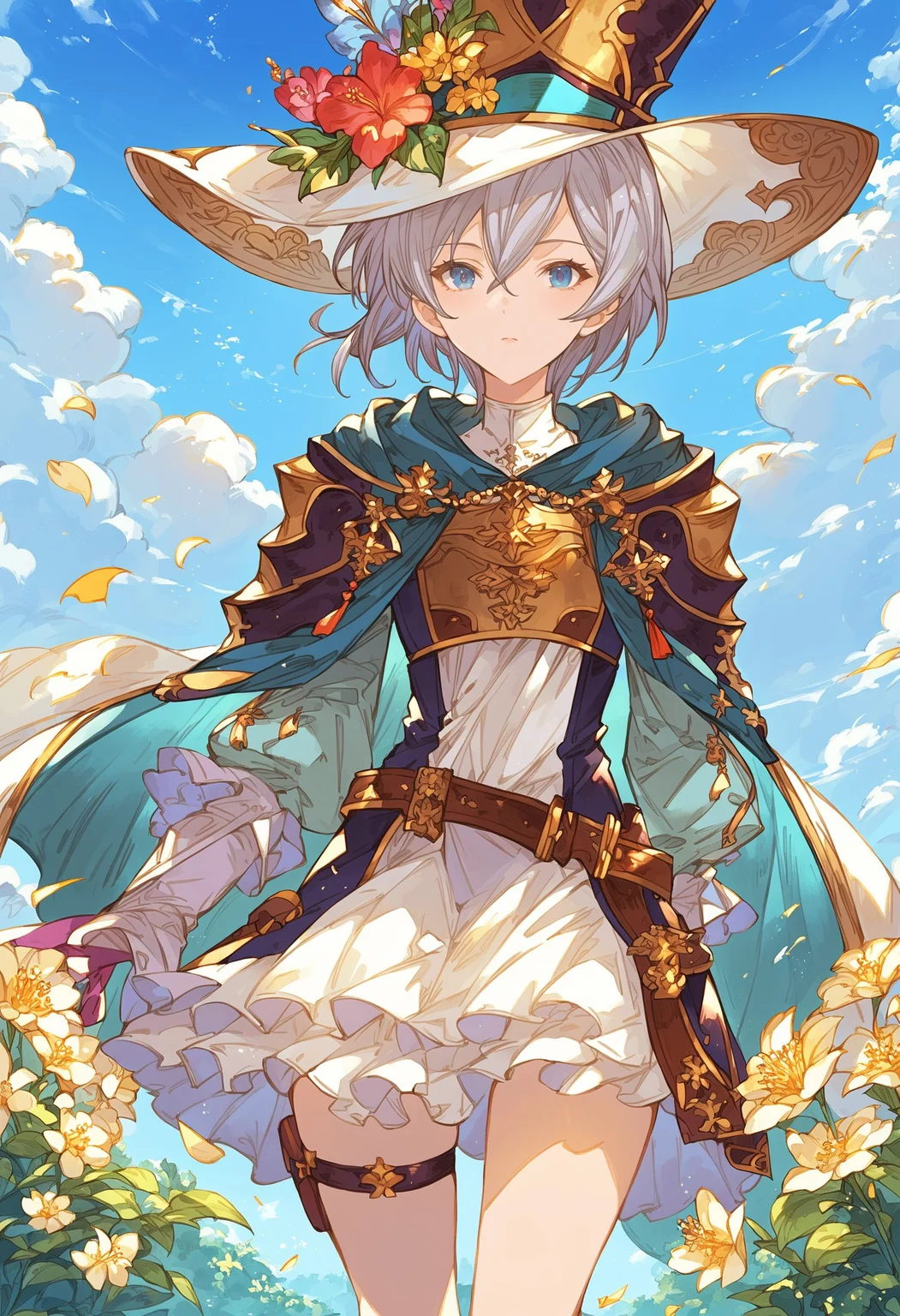 gbfpnxl, 1girl, anastasia \(granblue fantasy\), solo, short hair, blue eyes, dress, hat, upper body, grey hair, flower, cape, armor, thigh strap, short dress outdoors, scenery, close-up, clouds, dappled sunlight,
score_9, score_8_up, score_7_up, score_6_up, source anime, masterpiece, best quality, very aesthetic, absurdres
<lora:granblue_fantasy_v2:1>