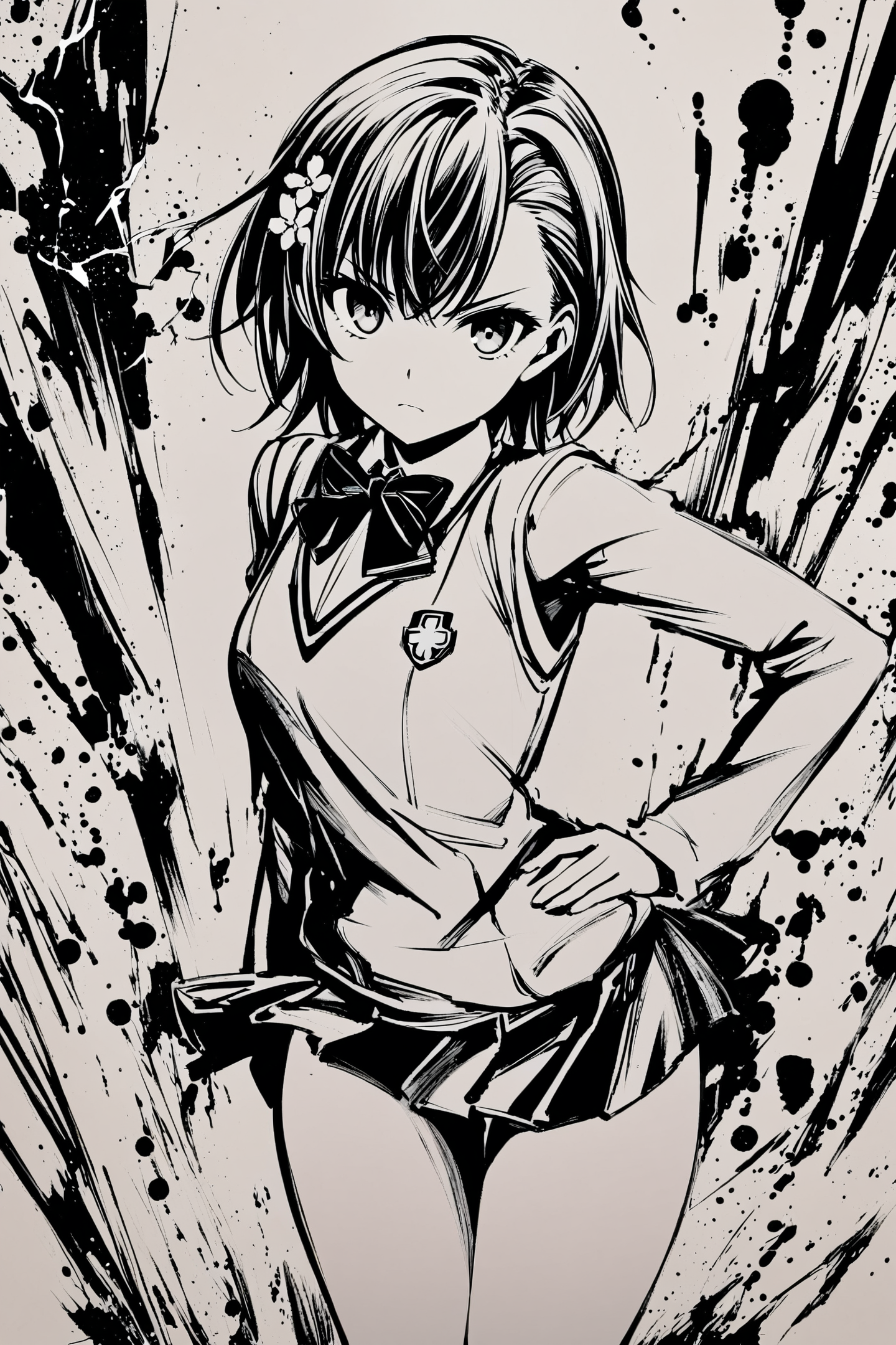 monochrome,greyscale,1girl,misaka mikoto,skirt,solo,hair ornament,bow,pleated skirt,looking at viewer,short hair,hand on hip,bowtie,school uniform,tokiwadai school uniform,electricity,long sleeves,bangs,shirt,cowboy shot,closed mouth,hair flower,sweater vest,electrokinesis,black bow,black bowtie,thighs,
<lora:okazu_XL:0.9>,