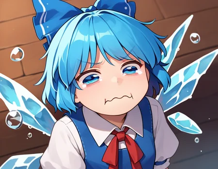 score_9, score_8_up, score_7_up, source_anime, solo, 1girl, cirno, touhou, aquacrying, wavy mouth, closed mouth, tearing up, blue short hair, hair bow, blue bow, blue eyes, blue pinafore dress, white collared shirt, red neck ribbon, ice wings <lora:concept_aquacrying_ponyXL:1>