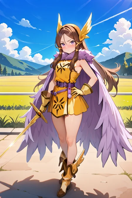 masterpiece, very aesthetic, absurdres, best quality, amazing quality, high resolution, newest, very awa, <lora:illustrious_quality_modifiers_masterpieces_v1:0.8> , <lora:ChamIllustriousBackgroundEnhancer:0.5>,  (solo),   <lora:ValkyrieYggdraIL:0.8> , valkdef, 1girl, purple eyes, brown hair, long hair, winged hairband, fur cloak, yellow tunic, purple belt, yellow gloves, yellow boots, winged footwear, hand on hip, holding sword, pointing sword at viewer, exterior, day, blue sky, clouds,