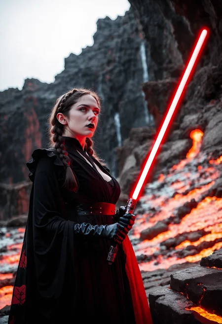 score_9, score_8_up, score_7_up, score_6_up, score_5_up, 1girl,lightsaber,twin braids,black hair,black lipstick,lightsaber,arrogant,on lava,on lava planet,from below,
sith outfit,black and red outfit,
,<lora:SithPony-000030>