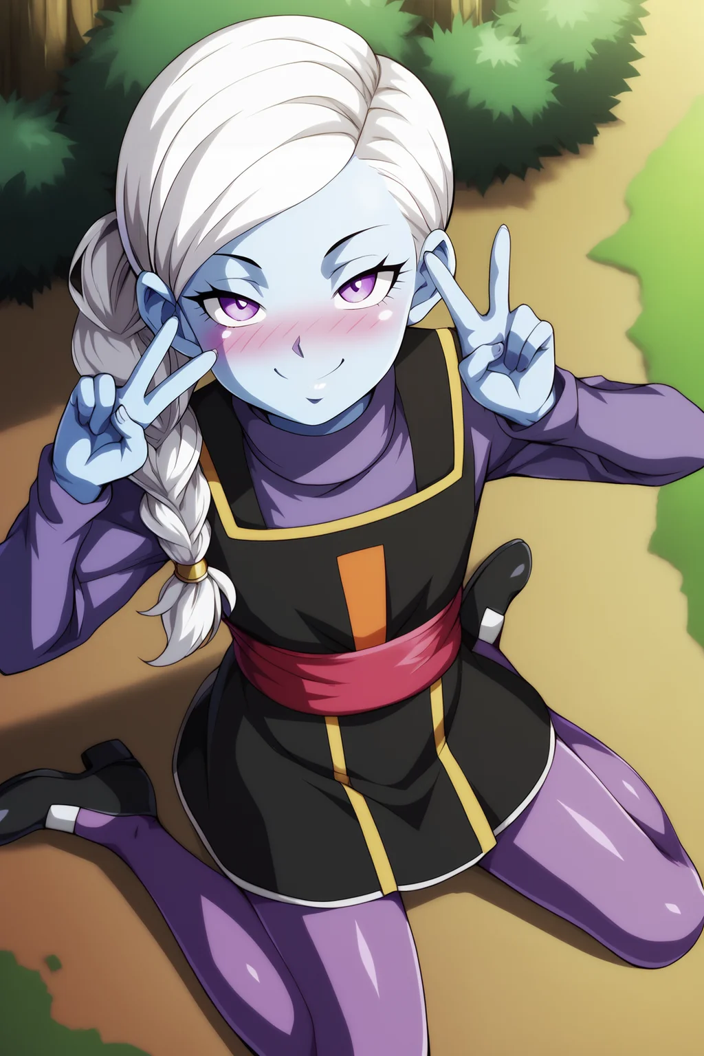 score_9, score_8_up, score_7_up, score_6_up, BREAK, KusuDBSPXL, colored skin, blue skin, purple eyes, white hair, single braid, side ponytail, long hair, flat chest, turtleneck, purple undershirt, long sleeves, black dress, red sash, underskirt, purple skirt, purple pantyhose, black footwear, solo, sitting, above view, peace sign, seductive smile, looking at viewer, naughty face, nose blush, forest, tree <lora:KusuDBSPXL:1>
