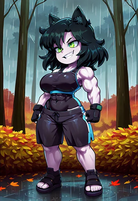 autumn forest, rain, 1girl, extreme muscular body, sportswear, sleeveless, shorts, visible tummy, sandals, fingerless gloves, medium hair, wild hair, black hair, green eyes, evil grin, pale skin, cat ears, black clothes, shortstack