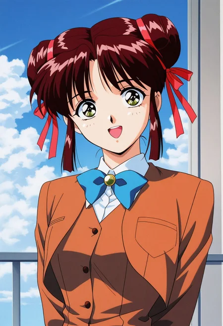 masterpiece, best quality, source_anime,official art,perfect_anatomy,1990s_\(style\),retro_artstyle,miaka yuki,1girl,brown hair,twintails,sidelocks,hair bun,double bun,hair ribbon,school uniform,ribbon,looking_at_viewer,smile,open_mouth,upper body,day,blue_sky,cloud
