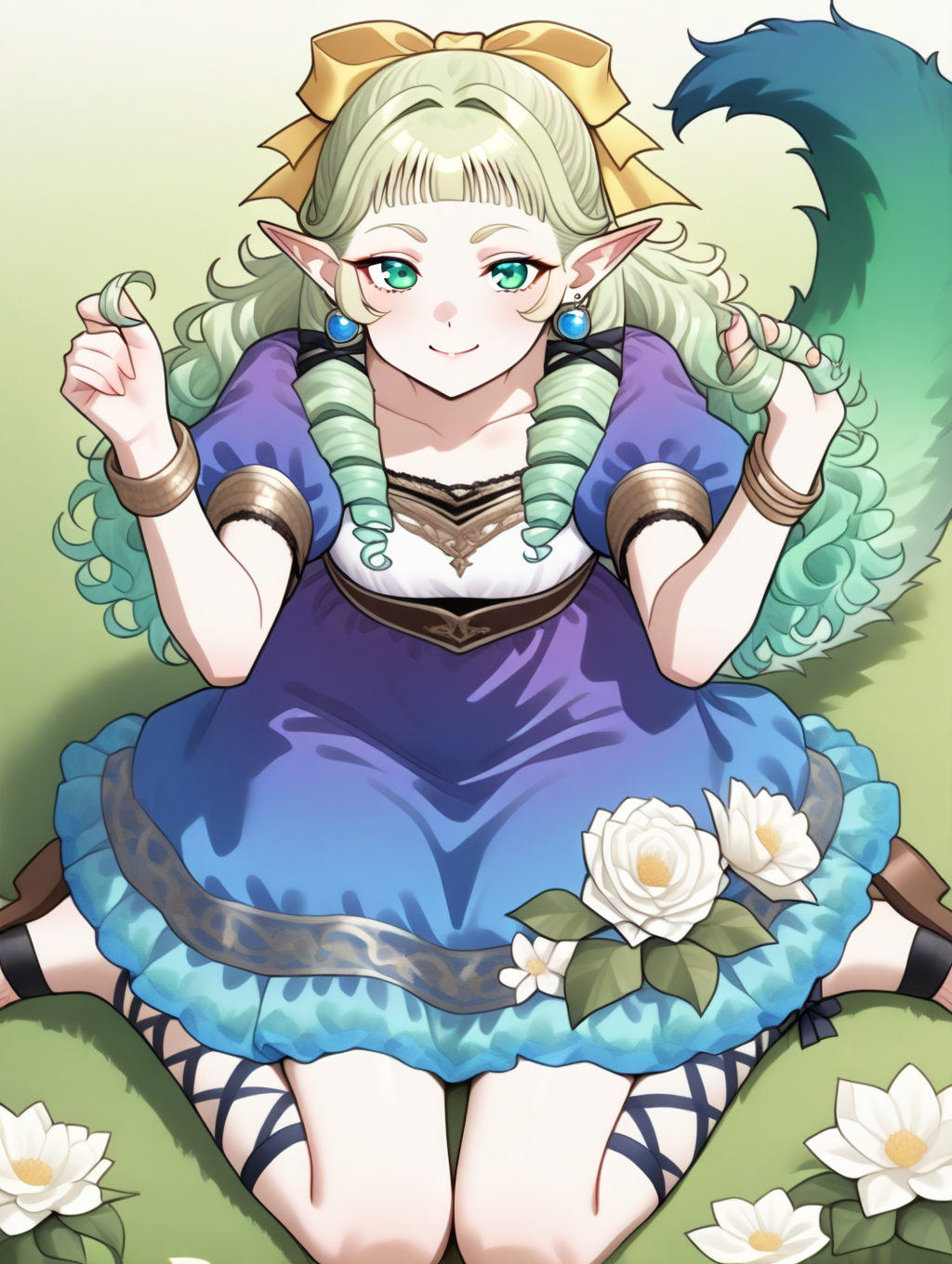 perfect quality,best quality,absolutely eye-catching,ambient occlusion,raytracing BREAK
1girl,<lora:SO4pafy IL v1.2:1>,SO4pafiy,green eyes,green hair,wavy hair,drill sideburns,hair ribbon,pointy ears,earrings,bracelet,green gradient dog tail,white flower on skirt,sandals,black cross-laced legwear,blue puffy short sleeves,ankle lace-up,lace trim,single flower,blue dress,smile,blouse,, straight-on,macro_shot,leaning_forward,hair_twirling,outstretched_arms,wariza,