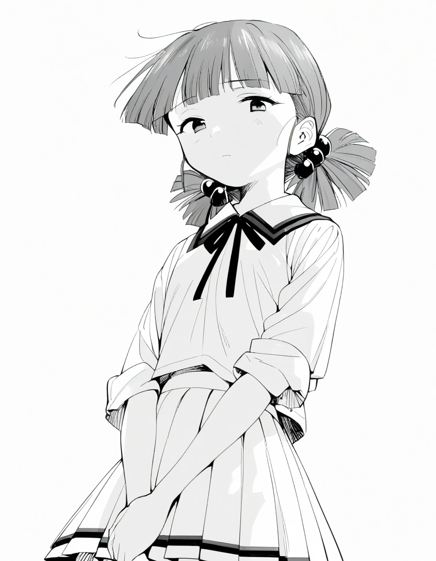 <lora:KirisakiMaiXL_ani31_3:0.8> 1girl, solo, kirisaki mai, low twintails, hair bobbles, white collared shirt, neck ribbon, white pleated skirt,
v arms, looking down, expressionless, looking at viewer,  from below, indoors,
best quality, monochrome, greyscale, white background, simple background,