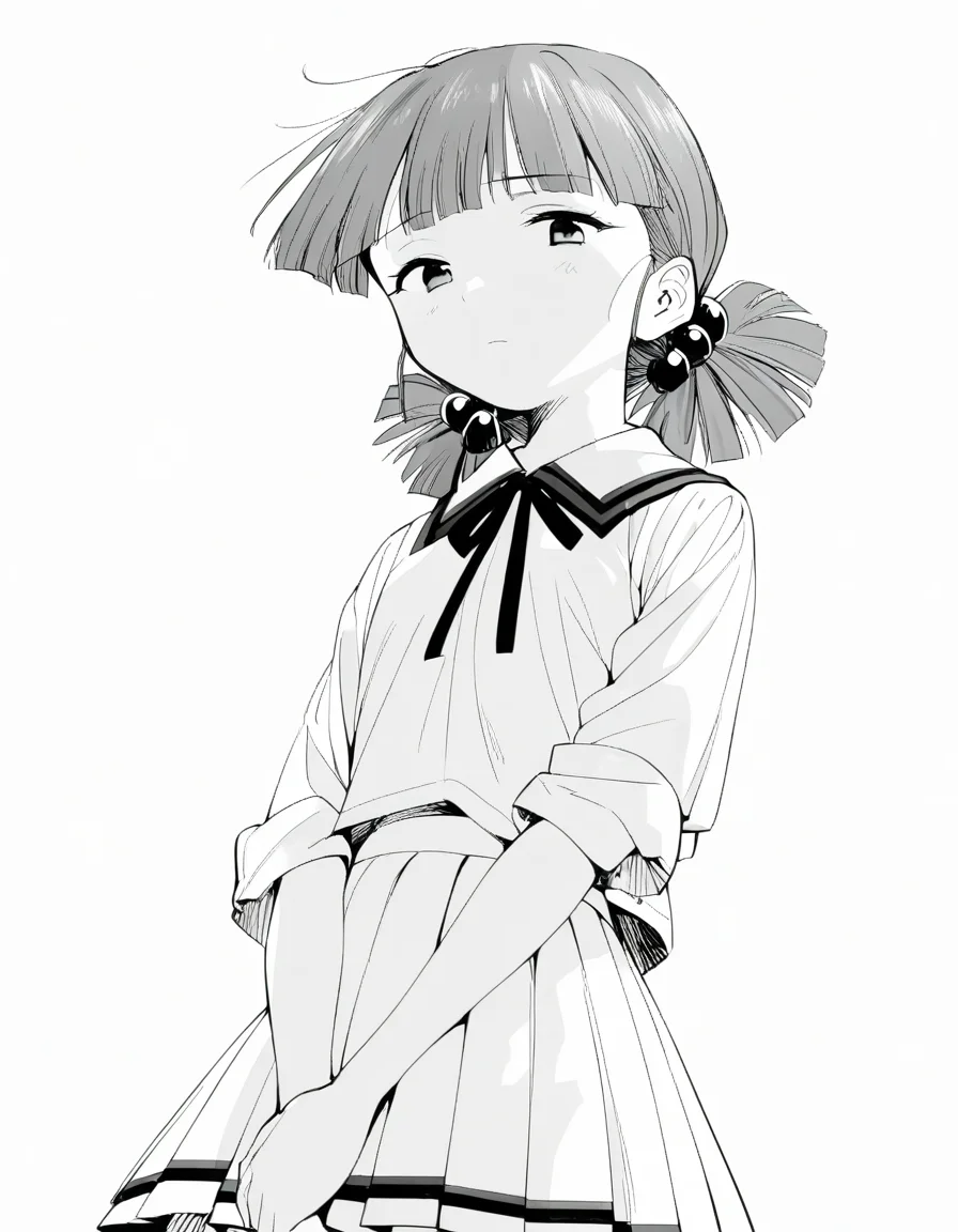 <lora:KirisakiMaiXL_ani31_3:0.8> 1girl, solo, kirisaki mai, low twintails, hair bobbles, white collared shirt, neck ribbon, white pleated skirt,
v arms, looking down, expressionless, looking at viewer, from below, indoors,
best quality, monochrome, greyscale, white background, simple background,