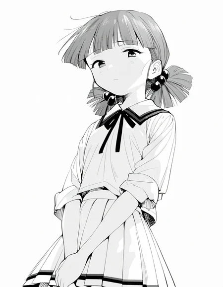 <lora:KirisakiMaiXL_ani31_3:0.8> 1girl, solo, kirisaki mai, low twintails, hair bobbles, white collared shirt, neck ribbon, white pleated skirt,
v arms, looking down, expressionless, looking at viewer, from below, indoors,
best quality, monochrome, greyscale, white background, simple background,