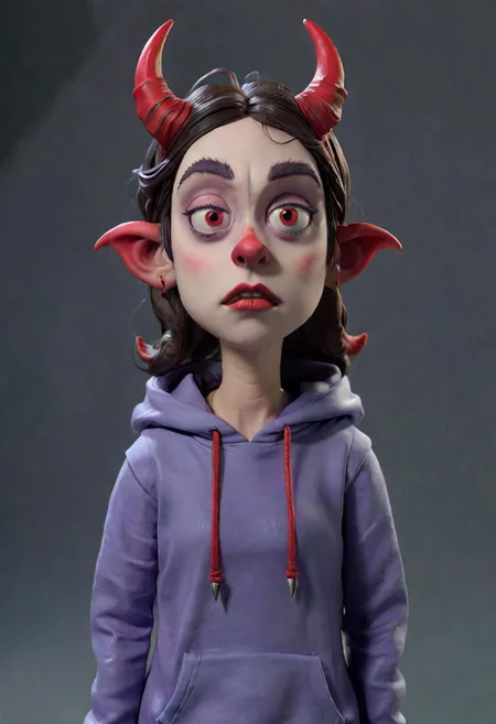 (beautiful demon girl:1.5), hoodie, horns, (studio background:1.1), (portrait:1.2) claymation, 4k, 8k, high details, ultrarealistic, HellAI, monster