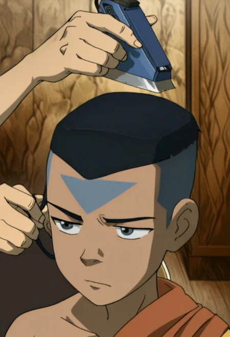 score_9, score_8_up, score_7_up, source_anime, show accurate, couple, 2boys, duo, (aang), (sokka), thick clothing, high top fade, fade \(haircut\), flattop, portrait, close up, barber, holding hair clipper, cutting hair, (wide_hips), thick thighs, bubble_butt