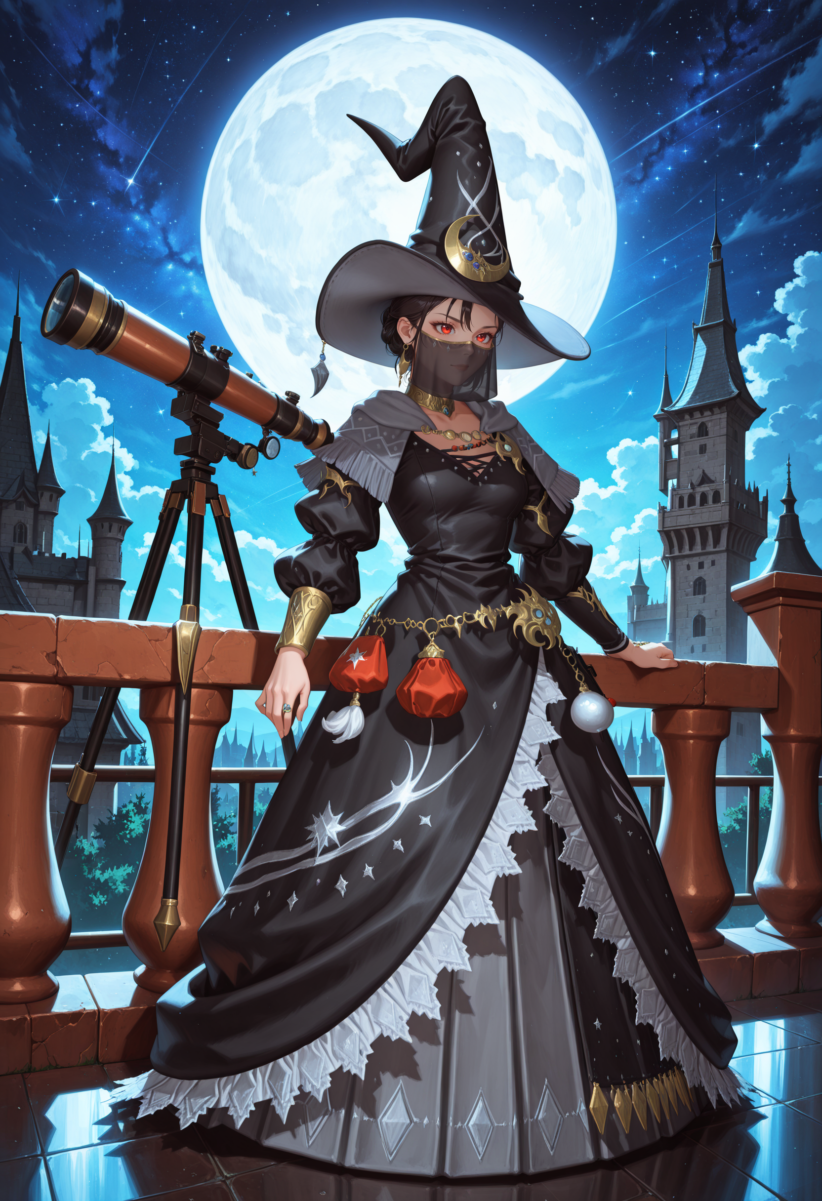 <lora:cfg_scale_boost:.7>, masterpiece, best quality, absurdres, highres, newest, 1girl, solo, full body, tower, castle, full body, full moon, starry sky, telescope,  on roof, railing, against railing, 
welkin, jewelry, standing, puffy sleeves, welkin robe, welkin hat, capelet, crescent, mouth veil, belt pouch,  
 <lora:Welkin_IL:1>
